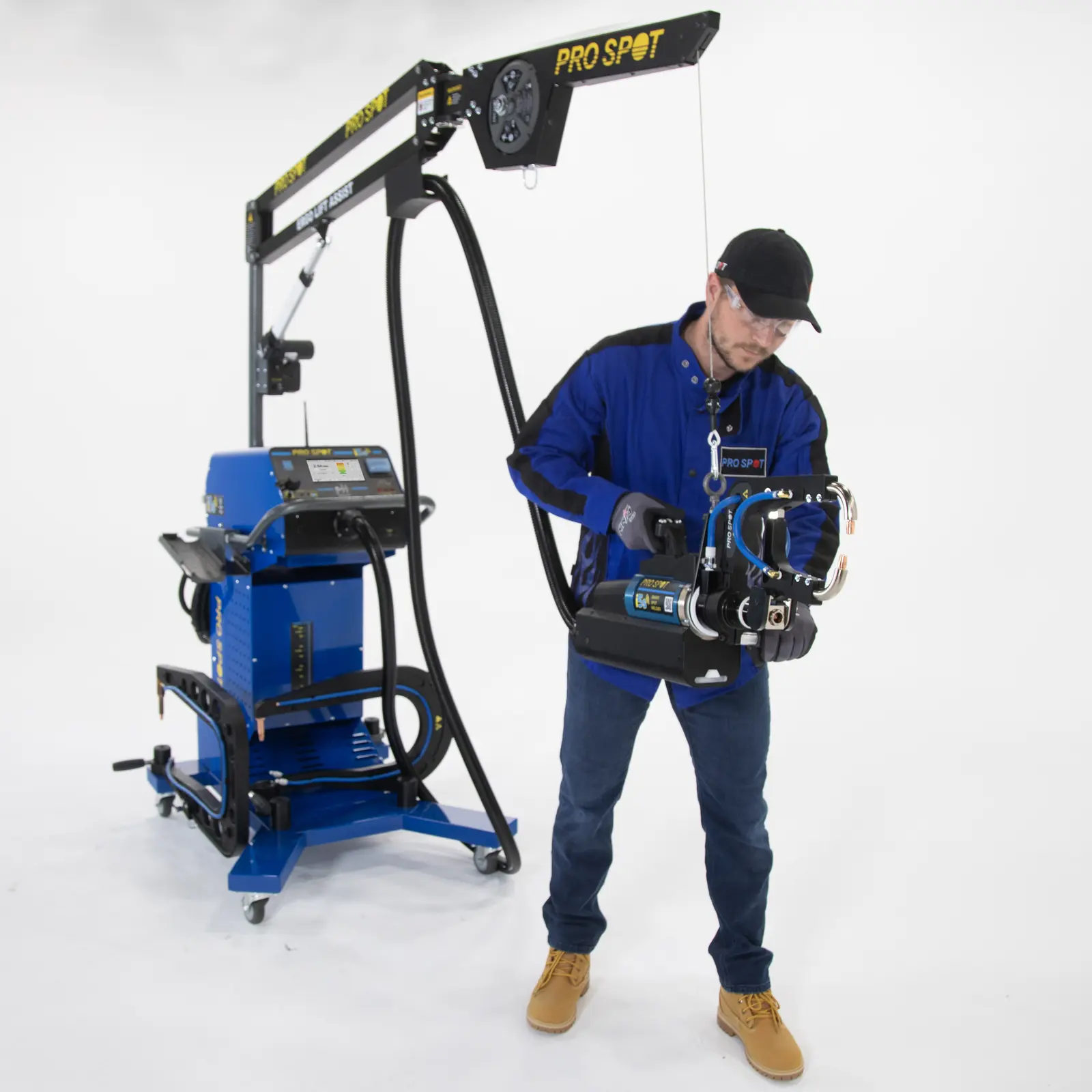 Pro Spot i5s resistance spot welder with Ergo Lift Assist used by a technician in a clean studio